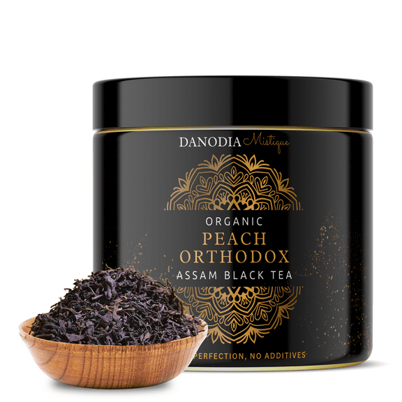 Danodia Foods Organic PEACH ORTHODOX ASSAM BLACK TEA (3.5oz/100g) 50+ servings | WILD FOREST Assam Tea Loose Leaf | Aromatic Peach Flavor | Non GMO Hand-Picked & Home Made | Flavored Black Tea Loose