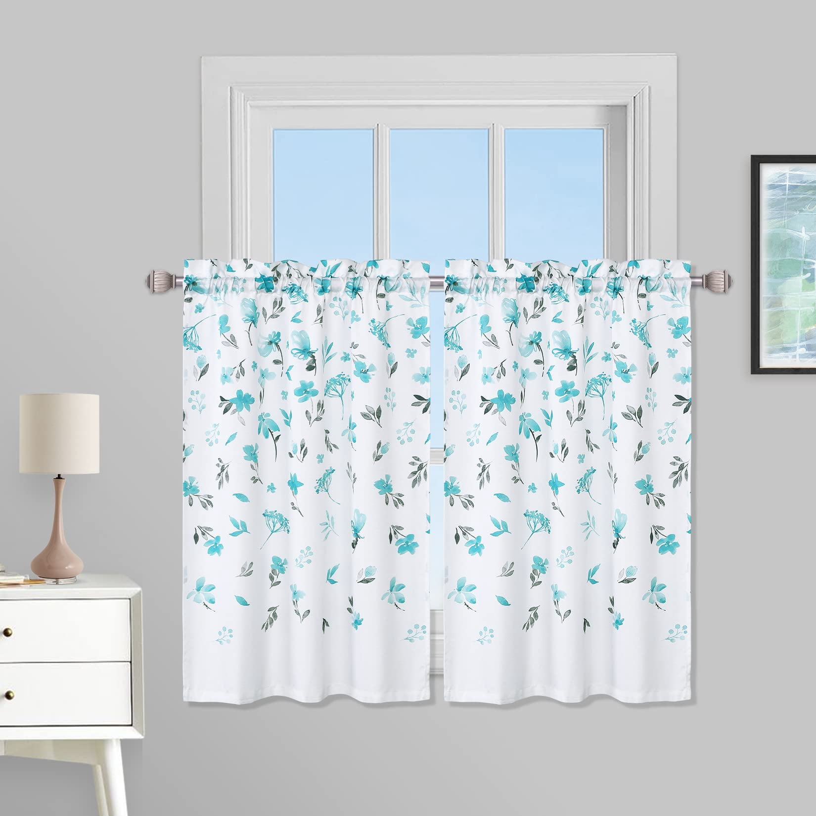 FUSURIRE Sunflower & Butterflies Kitchen Curtains - 36 Inch Length Tier Set, Rod Pocket, Polyester, For Bathroom, Laundry Room, Cafe
