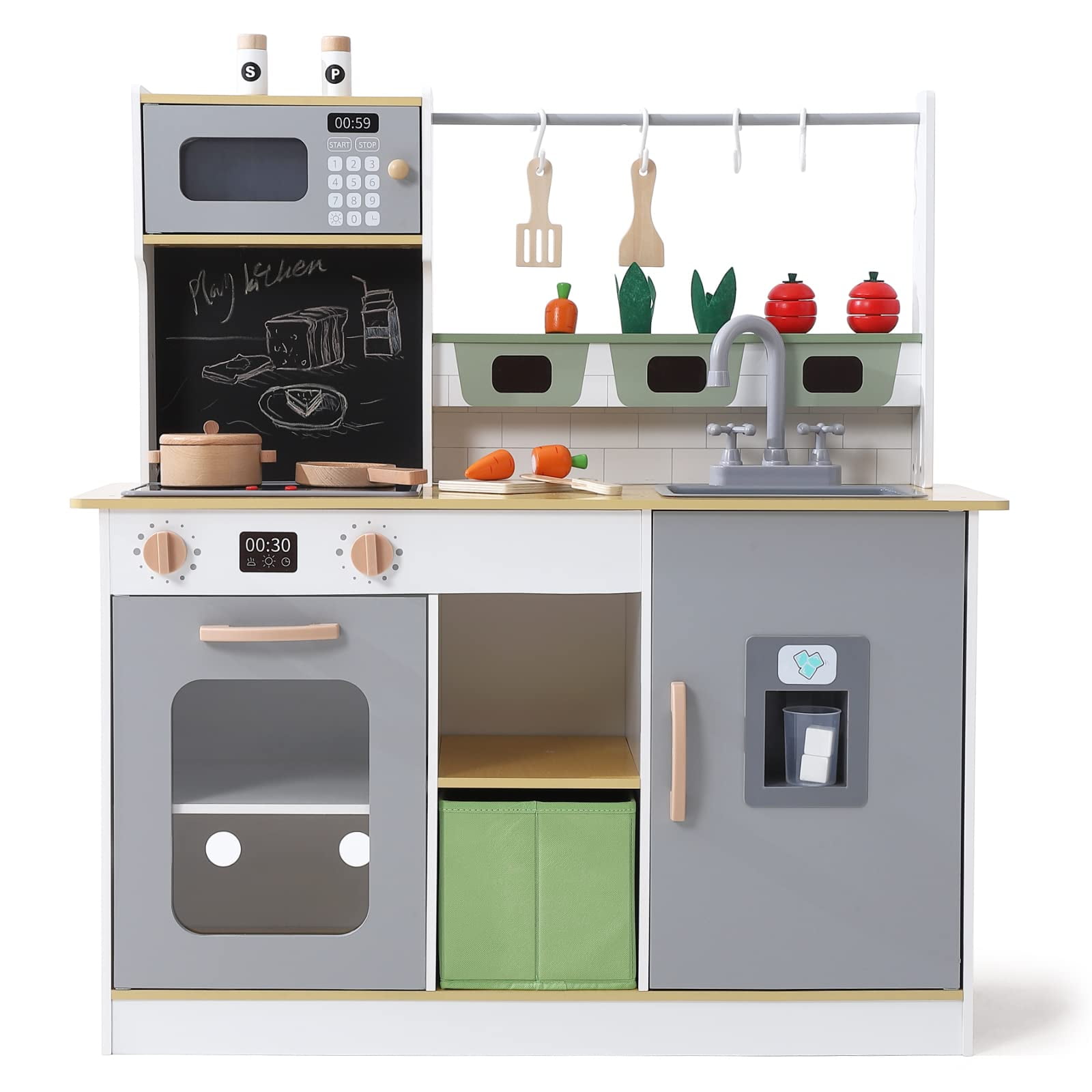 Multicolor Wooden Play Kitchen Set with Accessories and Chalkboard
