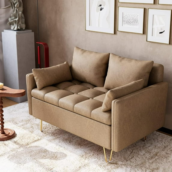 Danolaps Sofa Couch Faux Leather 44" W Loveseat Sofas with Lift-Up Storage and Comfortable Cushion,Modern Design with Button Tufted and Gold Metal Legs,Great for Living Room or Office Space