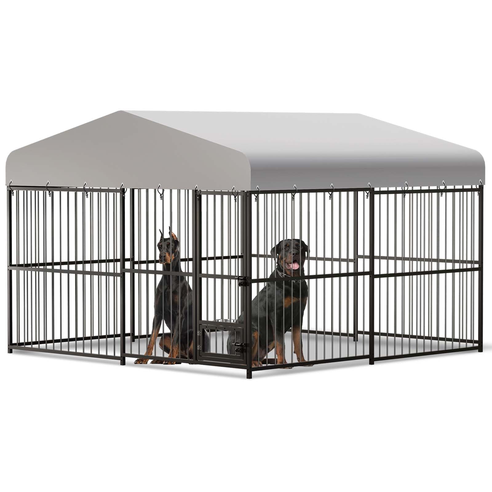 Danolapsi 10 x 10 x 6 FT Large Outdoor Dog Kennel,Galvanized Metal Dog Cage,Heavy-Duty Dog Cage with Waterproof Roof & UV-Resistant Cover,Secure Lock,Feeding Door for Medium/Large Dogs,Easy Assembly