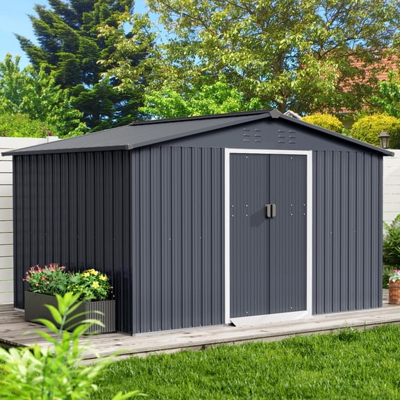 Danolapsi 10x10 ft Outdoor Storage Shed,Large Galvanized Steel Metal Sheds & Outdoor Storage with Pitched Roof, Lockable Door and Gable Vents,for Backyard,Garden,Patio,Lawn（ship in 2 boxes）