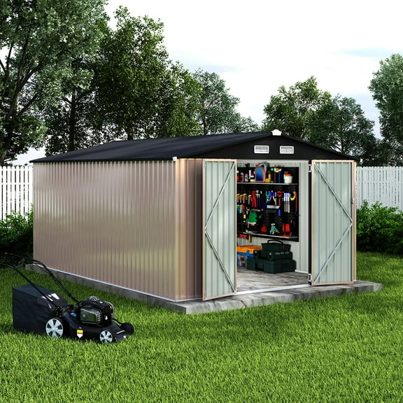 Danolapsi 10x14x6.4 FT Outdoor Storage Sheds, Metal Garden Tool Shed for Backyard, Large Metal Sheds Outdoor Storage with Lockable Doors & Air Vents for Backyard Garden Patio Lawn（ship in 3 boxes）