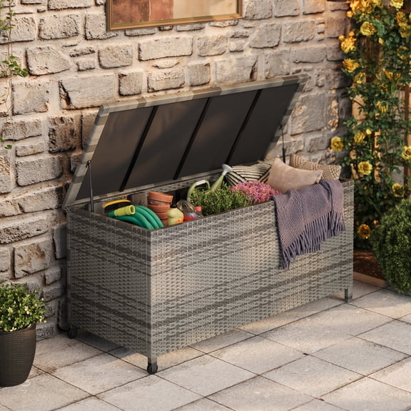 Danolapsi 125 Gallon Outdoor Storage Box with Wheels - Large Wicker Rattan Deck Box for Patio Cushions, Garden Tools, Pool Floats & Pillows, All-Weather Patio Furniture Storage