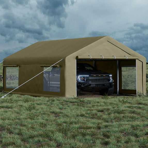 Danolapsi 13x20 Ft Carport with 8 Sandbags, Car Port with 220g PE Tarp, 2 Roll-Up Doors, and 4 Windows, for Full-Size Pickups, Bass Boats, Tractors, and SUVs(ship in 2 boxes)