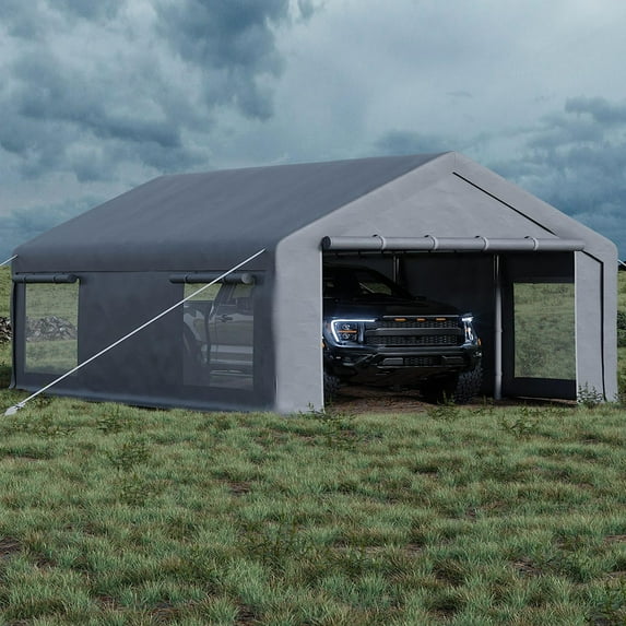 Danolapsi 13x20 Ft Carport with 8 Sandbags, Car Port with 220g PE Tarp, 2 Roll-Up Doors, and 4 Windows, for Full-Size Pickups, Bass Boats, Tractors, and SUVs(ship in 2 boxes)