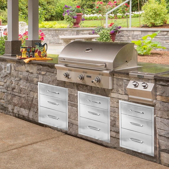 Danolapsi 18" W x 23" H x 23" D Outdoor Kitchen Drawers, Stainless Steel Outdoor Kitchen Drawers, 3-Layer Flush Mount BBQ Drawers for BBQ Island, Grill Station