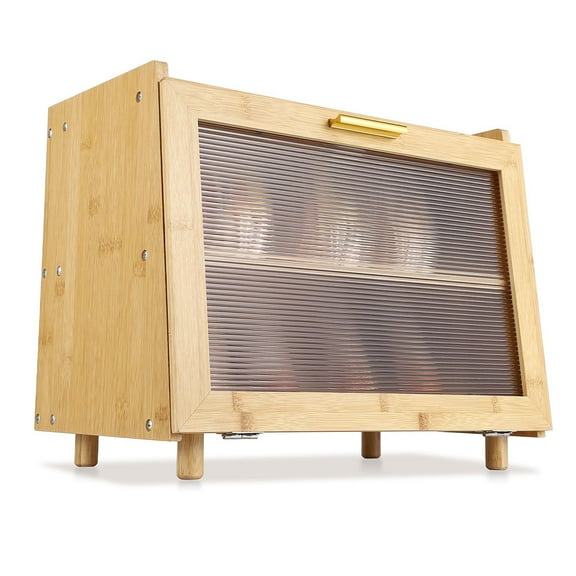 Danolapsi 2 Layer Bread Box, Modern Countertop Bread Storage Bin with Fence Top, Transparent Acrylic Door Panel, Farmhouse Bamboo Corner Bread Container Bread Keeper for Kitchen