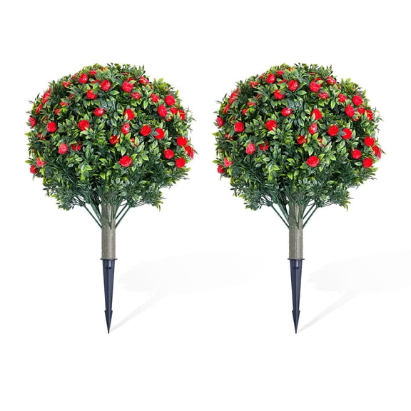 Danolapsi 23.6" Artificial Topiary Flower with Ground Spike Set of 2,Artificial Topiary Ball Trees with Rose Flowers, PE Fake Plants with Metal Stakes for Indoor and Outdoor Decor