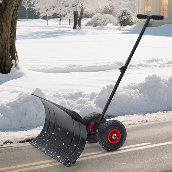 Danolapsi 29Inch Galvanized Blade Heavy-Duty 2-Wheel Snow Pusher Hand Plow for Snow Removal with Wheels, Adjustable Handle, Blade Angle Efficient Snow Removal for Easy Driveway & Pavement Clearing