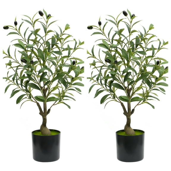 Danolapsi 2pcs Artificial Olive Tree,Faux Trees Indoor With Planter,Fake Olive Tree With Natural Wood Trunks,Realistic Leaves And Fruits For Home Office Living Room Decor