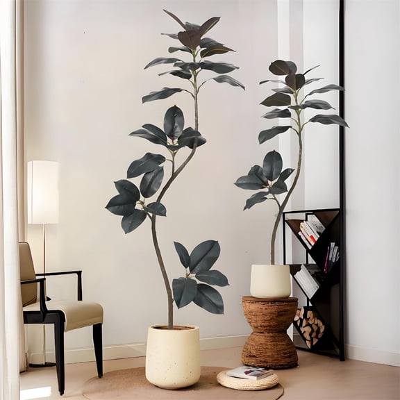 Danolapsi 2pcs Artificial Rubber Tree, Large Simulated Rubber Tree With Smooth Leaves And Pot, Faux Plants For Living Room Bedroom Office Balcony Corner Decor