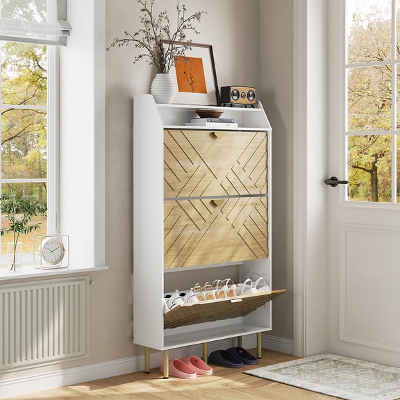 Danolapsi 3-Drawer Shoe Cabinet with Bench,Narrow Freestanding Shoe Storage for Entryway, Hidden Organizer withDrawers & Shelf