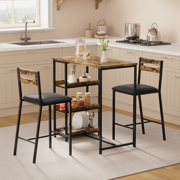 Danolapsi 3 Piece Kitchen Table Set with Storage Shelves,Wood & Metal Dining Table & 2 Upholstered Chairs for Small Space, Apartment, Breakfast Nook