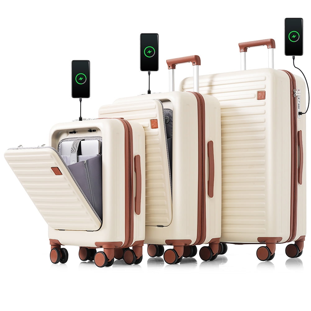 Luggage Set of 3, Airline Certified Carry-on Luggage with Cup Holder, ABS Hard Shell Luggage with Spinner Wheels, white
