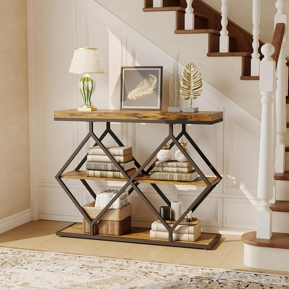 Danolapsi 3-Tier Console Table with Storage, Entryway Table with Open Shelves & Diamond-Shaped Metal Frame, Sofa Accent Table for Hallway, Foyer, Living Room