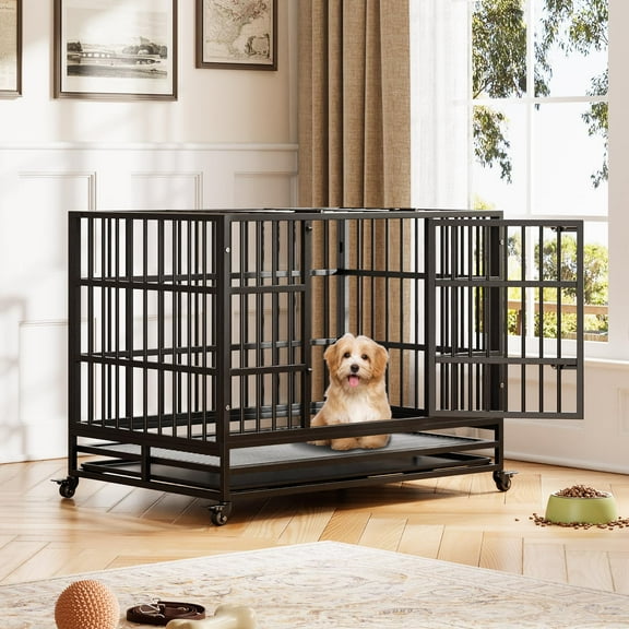 Danolapsi 37'' Heavy Duty Dog Crate,Stackable Heavy Duty Dog Crate Cage,Foldable Indoor Dog Cage with Double Door,360° Lockable Wheels and Removable Tray,Easy to Clean,for Small Medium Large Dogs