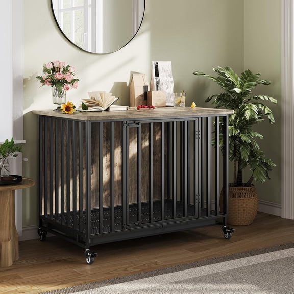 Danolapsi 39 Inch Dog Crate Furniture with Removable Tray,Heavy-Duty Dog Cage with Lockable Wheels & Door,Wooden Pet Kennel Cabinet,Wooden Kennel End Table for Small to Medium Breeds