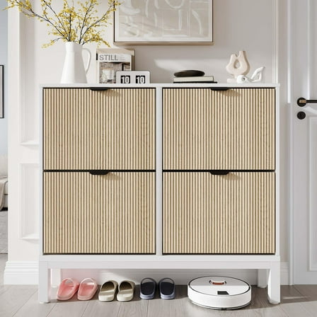 Danolapsi 4 Flip Drawers Shoe Storage Cabinet, Rattan Shoe Organizer with Metal Legs, Freestanding Narrow Shoe Rack Cabinet for Entryway