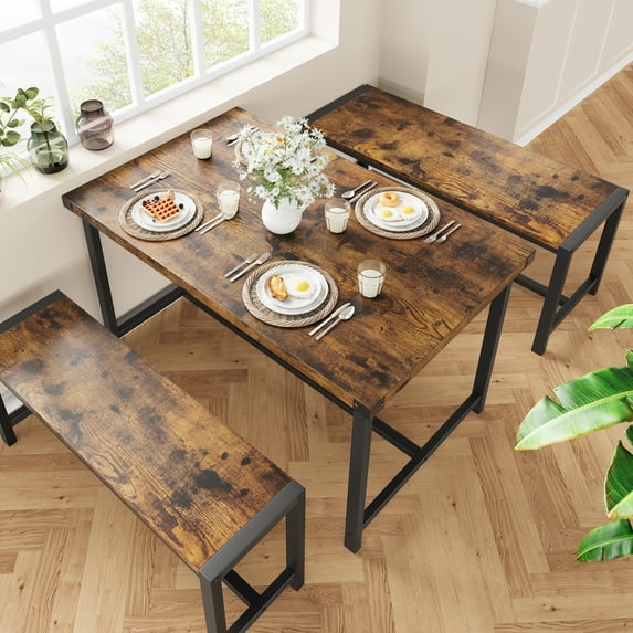 Danolapsi 4 Person Dining Table Set,Kitchen Table with Benches,Rectangular Dining Room Table Set with Sturdy Benches,3 Piece Kitchen Table Set,Nesting Furniture Set for Dining Room and Restaurant