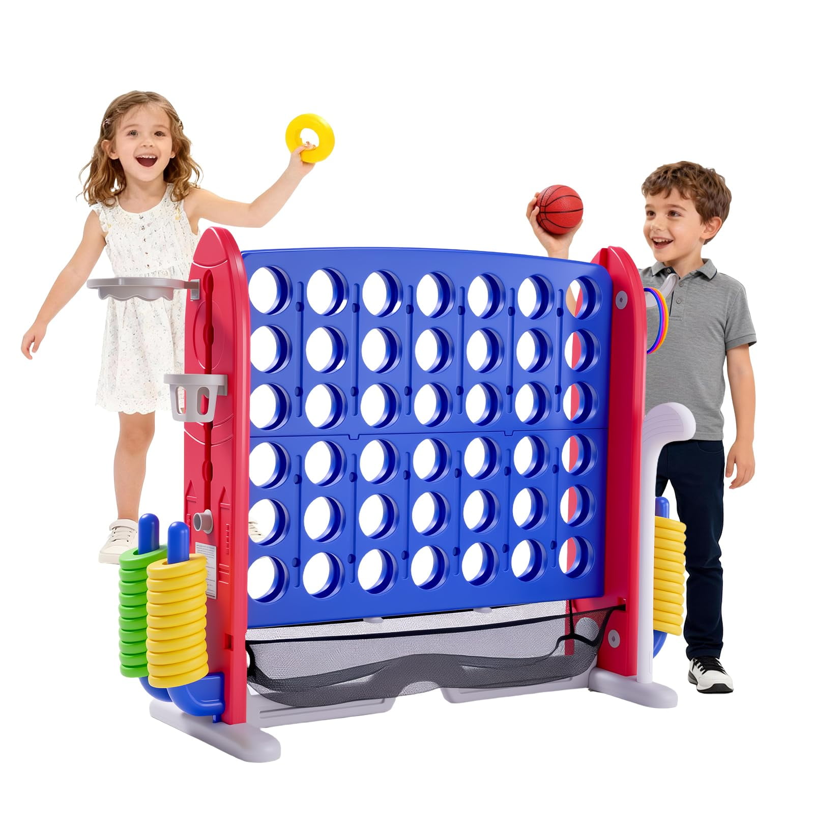 Danolapsi 4-in-1 Giant Connect Game Set – Adjustable Height, Basketball Hoop, Ring Toss and Net – Jumbo Outdoor Yard Game, Quick Release, 42pcs Rings Set,Party Family Floor Game