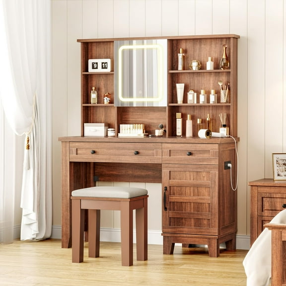 Danolapsi 42inch Large Makeup Vanity Set, Farmhouse Vanity Desk with Lighted Mirror, Charging Station, Clear Glass Tabletop & Stool, Wood Dressing Table with Storage for Bedroom