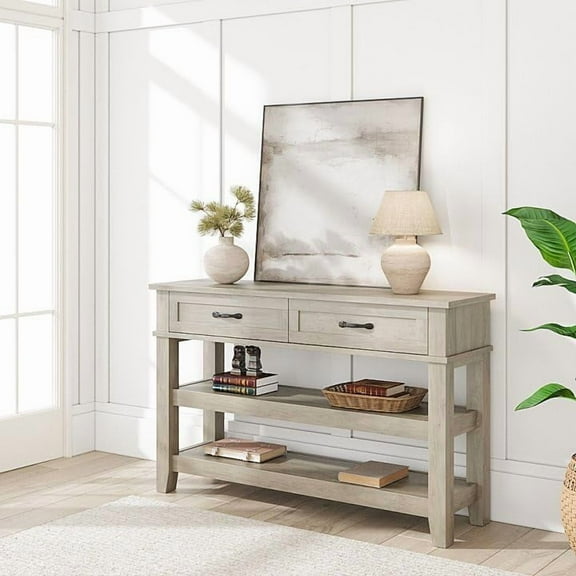 Danolapsi 47.2" Entryway Table, Console Table with 2 Storage Drawers, 3 Tier Industrial Metal Sofa Table, Hallway Table for Entry, Living Room-Grey