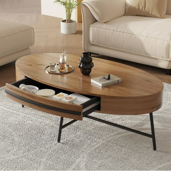 Danolapsi 47.2''Oval Coffee Table with Drawer,Mid-Century Modern Center Table,Wooden Coffee Table with Storage and Cross Metal Legs,Oval Round Coffee Table,Unique Curved Design for Living Room