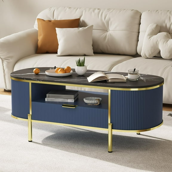 Danolapsi 48" Oval Coffee Table, Modern Luxury Coffee Table with Curved Profile Design, Fluted Center Table with Faux Marble Top and Gold Metal Decor, Center Table for Living Room, Home Office