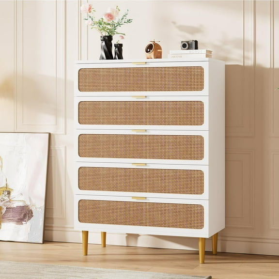 Danolapsi 5 Drawer Dresser for Bedroom, Rattan Chest of Drawers with Deep Drawers, Large Modern Double Dresser for Closet with Wide Top, Horizontal Wooden Dresser for Living Room, Hallway