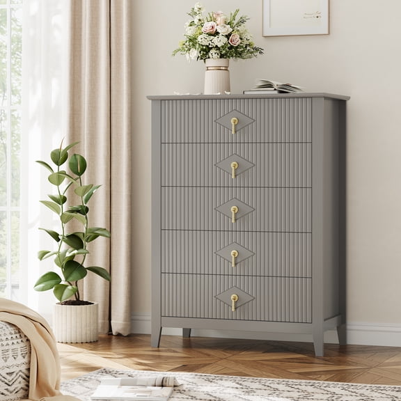 Danolapsi 5-Drawer Fluted Dresser for Bedroom, 42.9" Modern Chest of Drawers, Storage Organizer Cabinet for Living Room, Hallway, Entryway