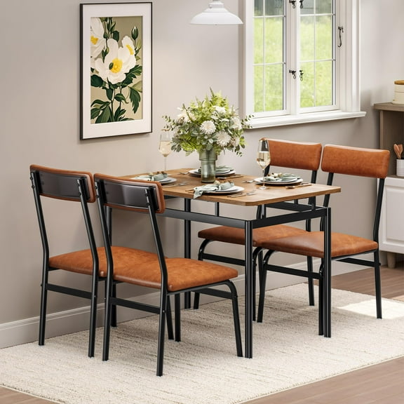 Danolapsi 5 Piece Dining Table Set,Wooden Kitchen Table Set with 4 PU Upholstered Chair,Industrial Metal Frame Dinette Set for 4,Square Dinner Table Set for Dinette,Breakfast