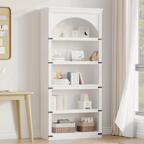 Danolapsi 5-Tier Arched Bookshelf，68.7" Tall Bookcase Farmhouse Curved Storage Rack Wooden Bookshelves for Home Office, Living Room