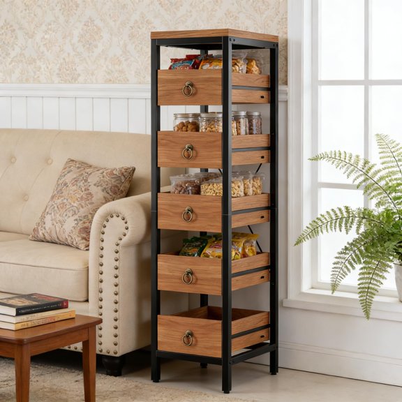 Danolapsi 5 Tier Fruit and Vegetable Storage Rack. 5-Drawers Narrow Storage Cabinet. Decorative Storage Chest with Metal Frame and  Wood Drawers. Multifunctional Chest of Drawers for Kitchen