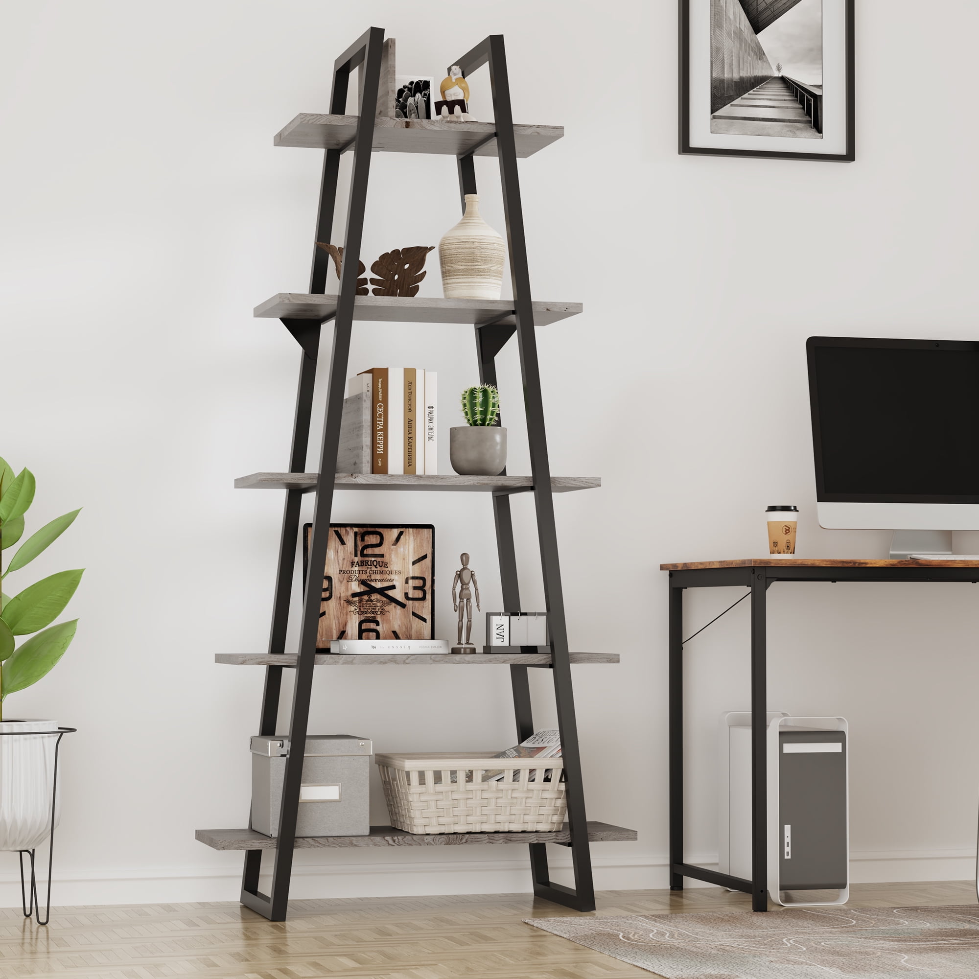 Danolapsi 5-Tier Ladder Shelf,Industrial Leaning Bookcase,Tall Open ...