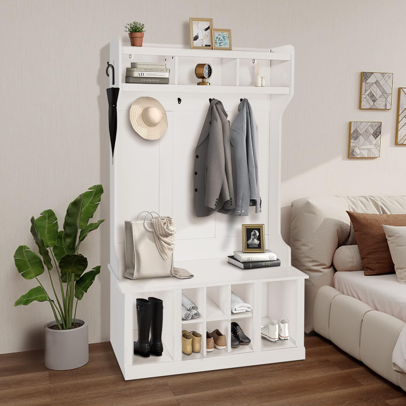White 5-in-1 Entryway Hall Tree with Storage and Hooks
