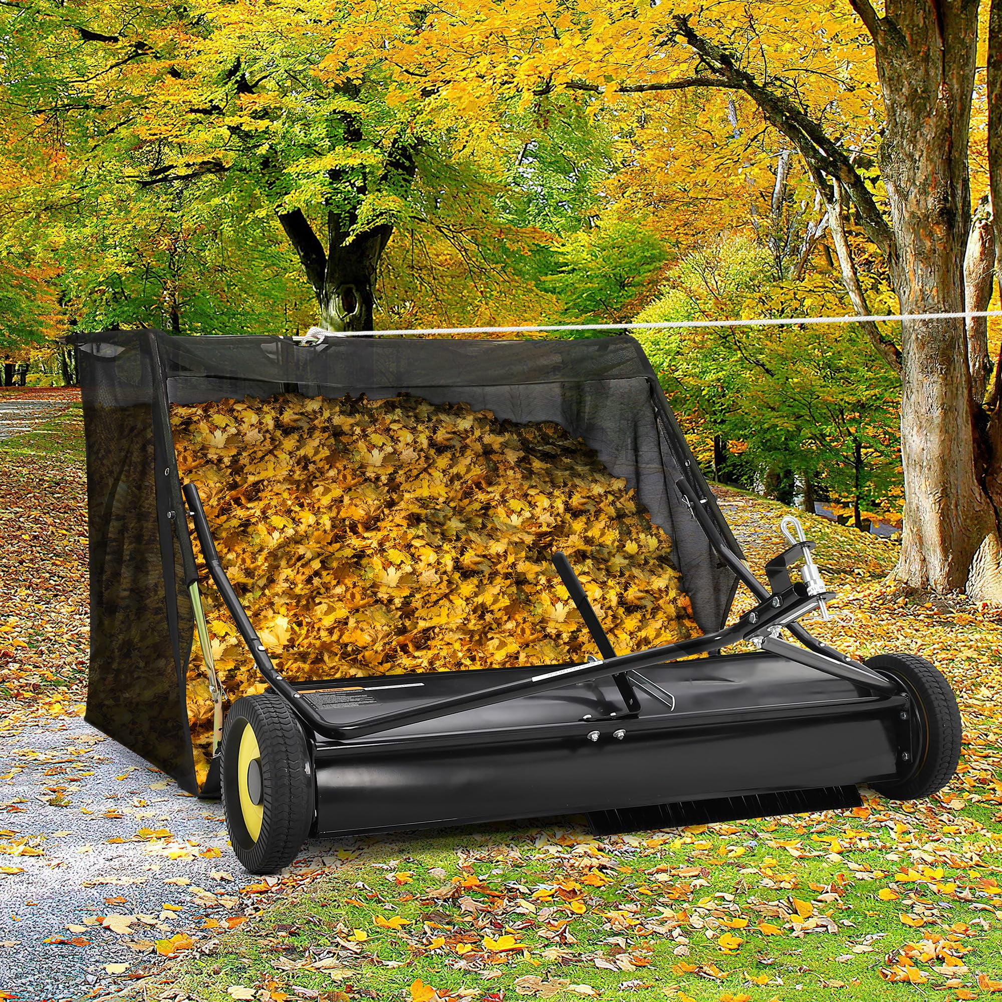 Danolapsi 52" Tow-Behind Lawn Sweeper with 27 Cu. Ft Hopper Bag Capacity, Adjustable Brush Height, Leaf and Grass Catcher, Universal Hitch, Dump from Seat Handle for Lawn Tractors and ATVs