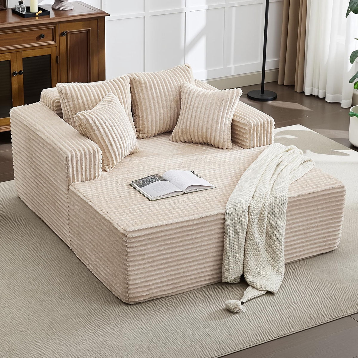 Danolapsi 54.3" Oversized Chaise Lounge,Wide Boneless Corduroy Loveseat with 4 Pillows, Armrests, Comfy Fluffy Reading Couch, No Assembly Required Deep Seat Sofa for Living Room, Bedroom, Office
