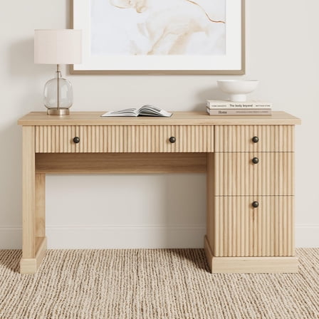 Danolapsi 54" Wooden Computer Writing Desk, Modern Executive Desk with Charging Station, Fluted Home Office Desk with File Cabinet & Drawers for Study, Living Room, Bedroom