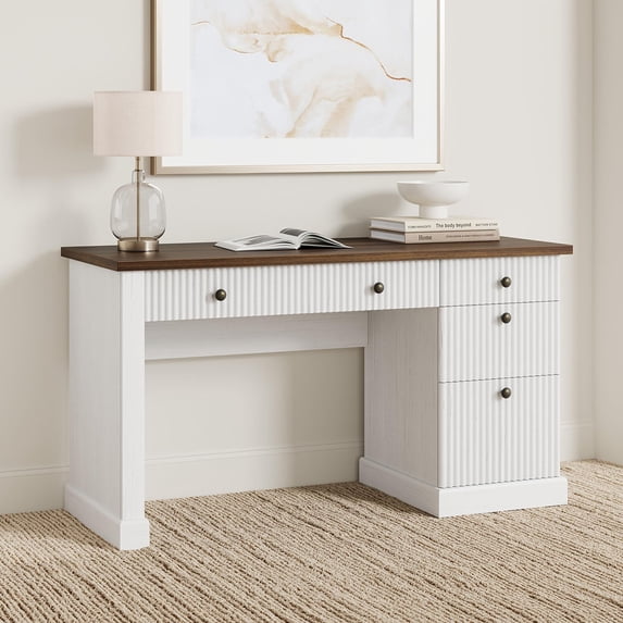 Danolapsi 54" Wooden Computer Writing Desk, Modern Executive Desk with Charging Station, Fluted Home Office Desk with File Cabinet & Drawers for Study, Living Room, Bedroom