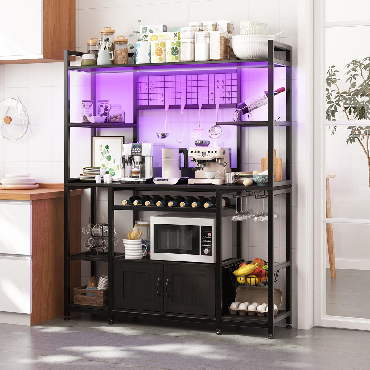 Black Metal 55" Adjustable Baker's Rack with LED Light and Power Outlet