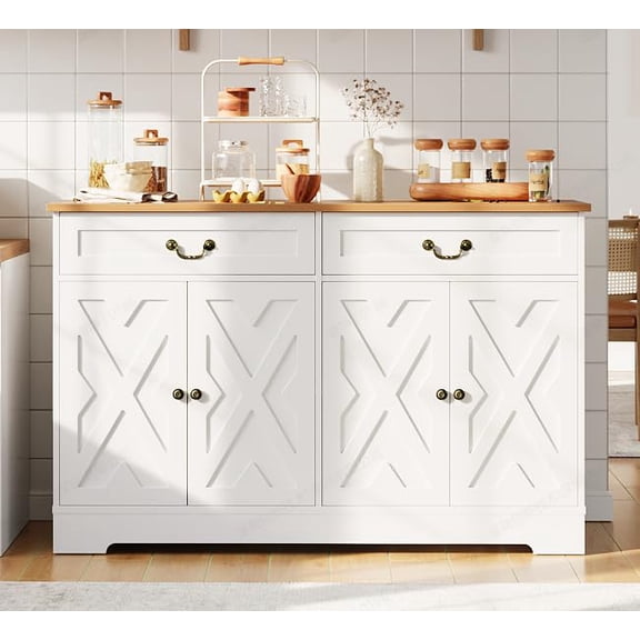 Danolapsi 57 Inch Farmhouse Buffet Cabinet with Storage, White Sideboard with 4 Doors & 2 Drawers, Adjustable Shelves Coffee Bar Cabinet, Multi-Functional Storage for Living Room & Dining Room