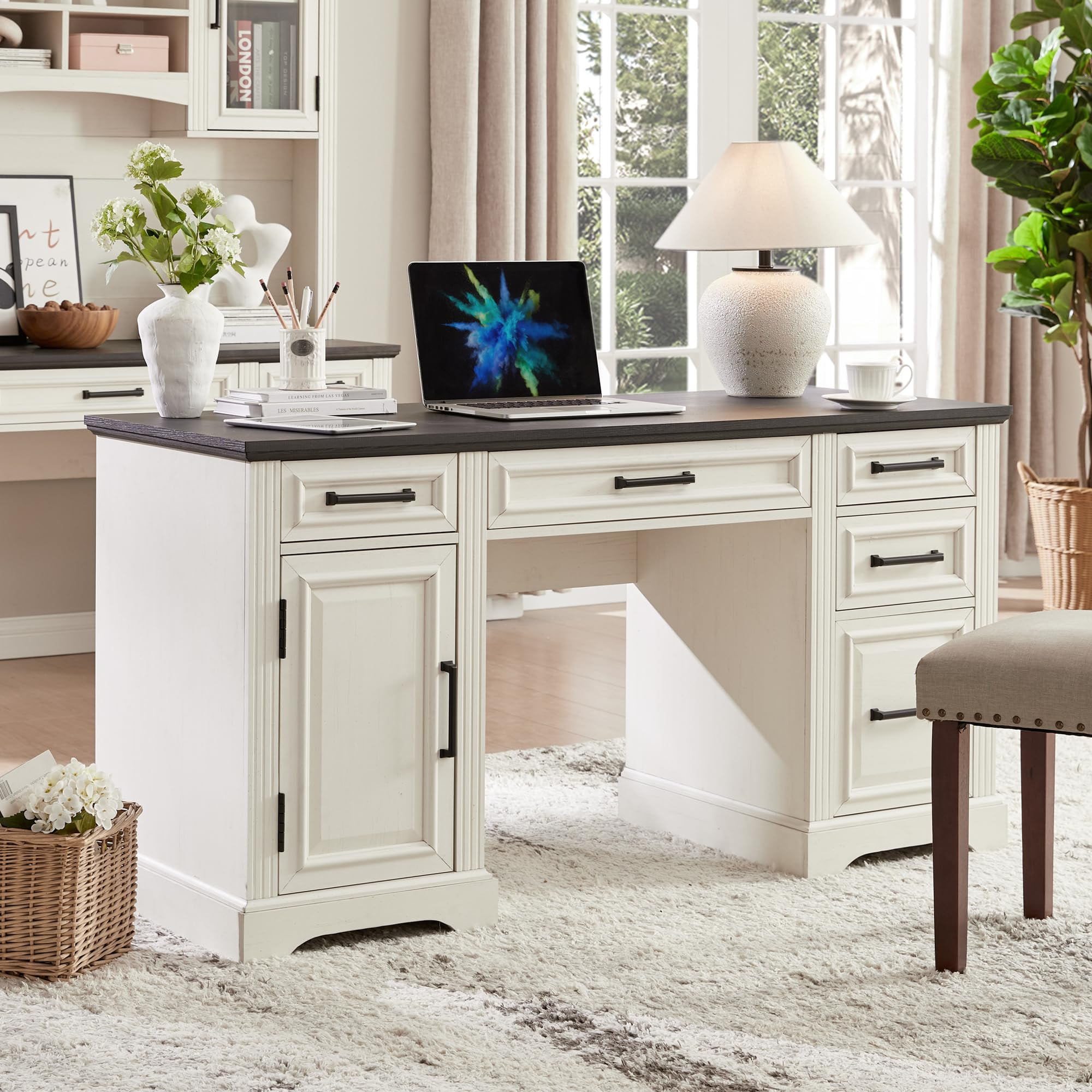 Danolapsi 58 Inch Executive Desk, Farmhouse Computer Desk with Drawers and Cabinets, Embossed Texture Home Office Desk, Work Study Writing Workspace