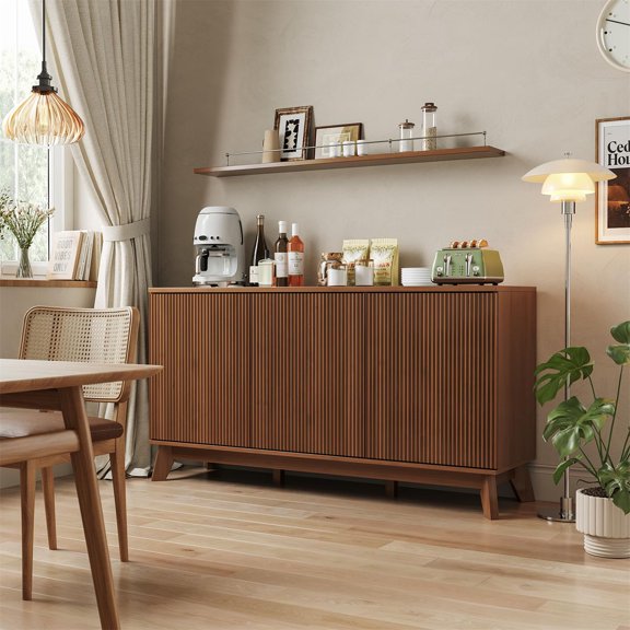 Danolapsi 58" Modern Farmhouse Sideboard Buffet Cabinet with Fluted Doors & Adjustable Shelves,Wood Kitchen Storage Cabinet for Dining Room Living Room, Coffee Bar Console Table, TV Console