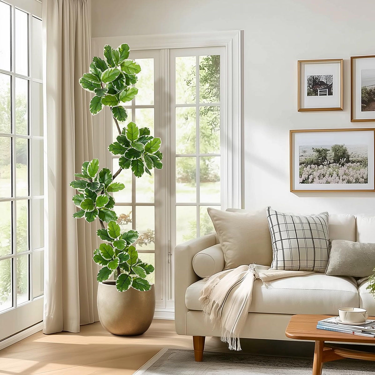 Danolapsi 5FT Artificial Fiddle Leaf Fig Tree, Tall Faux Rubber Tree with Sphere Planter, Tall Artificial Plants with Moss for Home Decor Office Living Room