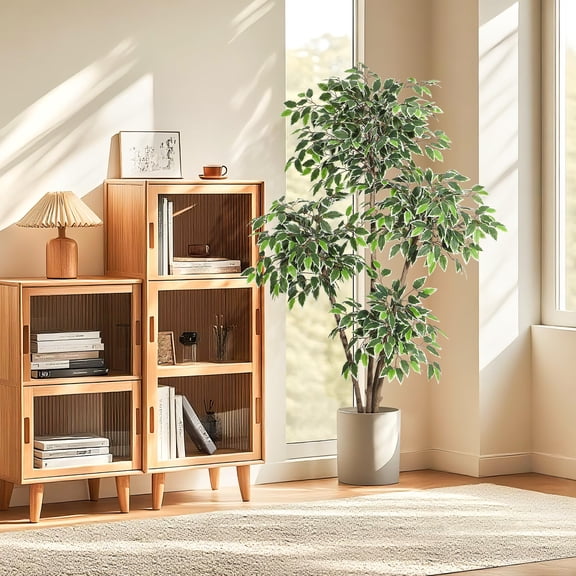 Danolapsi 5ft Artificial Ficus Tree,Tall Faux Floor Plant with White Tall Planter -Fake Plants for Home Decor Indoor with 3 Natural Trunks & White-Edged Leaves