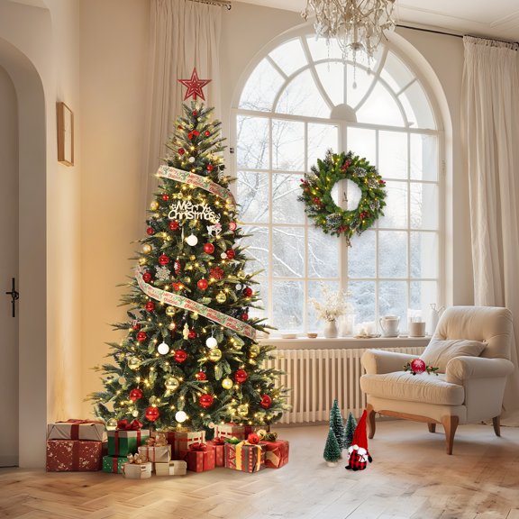 Danolapsi 6.5 FT Prelit Christmas Tree,Pencil Christmas Tree with 240 Warm Lights-8 Modes,Automatic Hinged Expansion, Foldable Metal Stand,PE&PVC Xmas Trees for Front Porch,Party,Office,6.5 /7.5 Ft