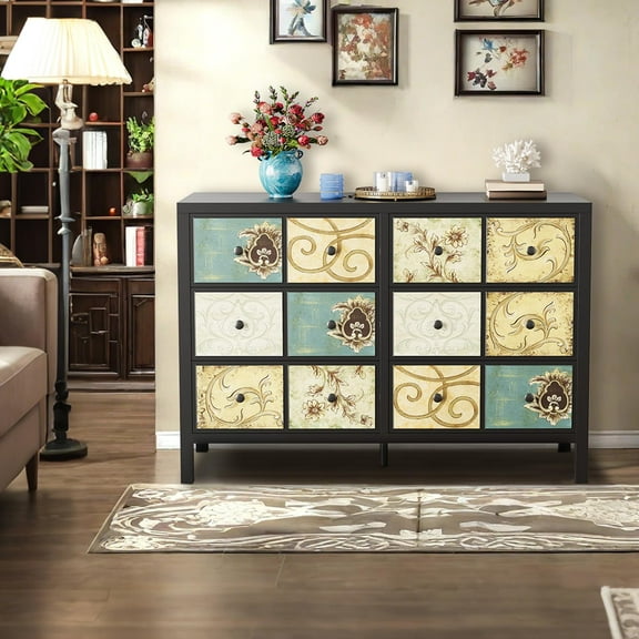 Danolapsi 6 Drawers Dresser for Bedroom, Wood Rustic Chest of Drawers with Metal Handle, Retro Floral Pattern Drawer, Farmhouse Dresser for Bedroom, Living Room, Floral Painted