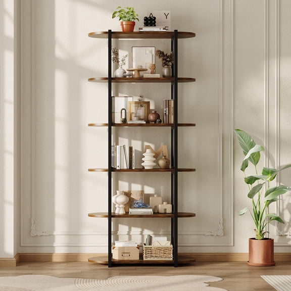 Danolapsi 6-Tier Industrial Book Shelf, Tall Bookshelf with Metal Frame, Freestanding Open Bookcase Storage Organizer for Living Room, Bedroom, Home Office
