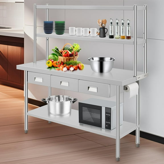 Danolapsi 60" X 24" Stainless Steel Table with Overshelves and 3 Drawers,NSF Work Table with Shelf & 3 Drawers,Metal Table Prep Table for Home Kitchen Restaurant Garage Warehouse